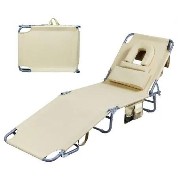 Foldable Beach Lounge Chairs with Face Hole Khaki