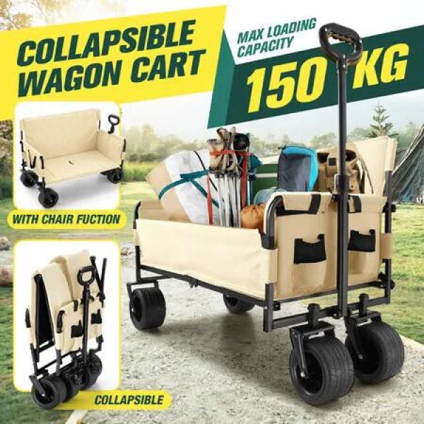 Foldable Beach Trolley Cart Wagon Utility Trailer Garden Outdoor Picnic Camping Shopping Luggage Sports Market Barrow Grocery Collapsible Wheels 150kg
