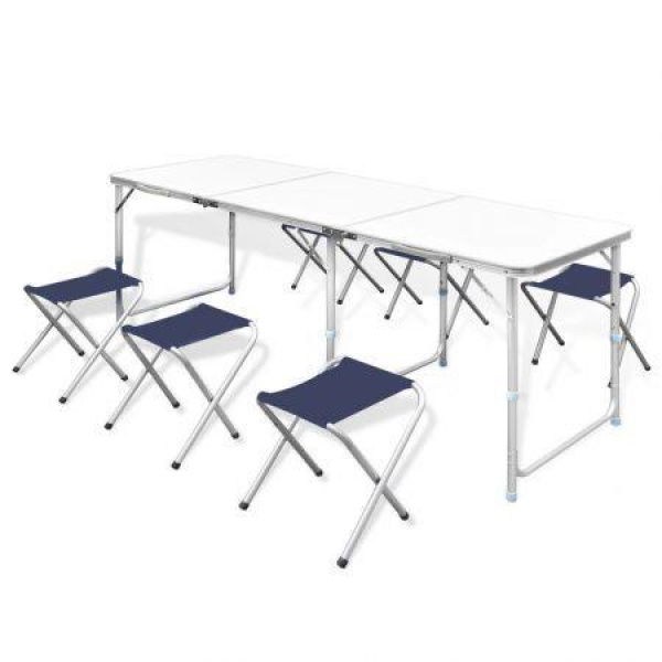 Foldable Camping Table Set With 6 Stools Height Adjustable 180x60cm