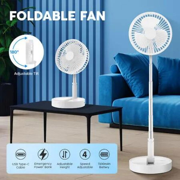 Foldable Desk Stand Fan USB Power Bank Portable Pedestal Floor Table Air Cooler 7200mAh Rechargeable Battery 4 Speeds Summer Cooling Outdoor Indoor