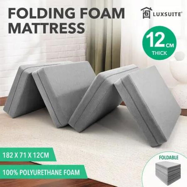 Foldable Foam Mattress 4 Folding Bedding Sofa Couch Cot Bed 12cm Thick Floor Mat Cushion Cover Sleeping Camping Portable Travel Guest Room Luxsuite