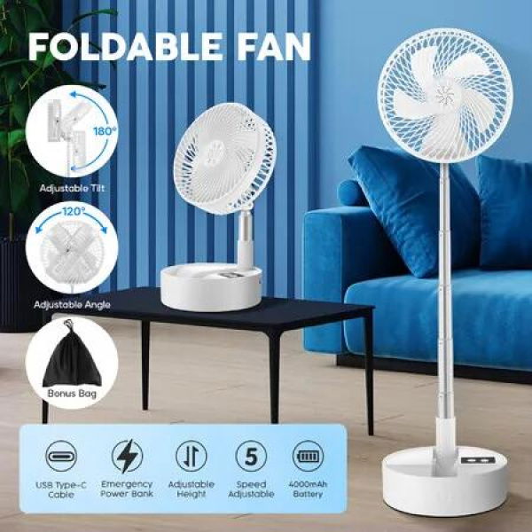 Foldable Oscillating Fan USB Desk Table Floor Stand Air Cooler Circulator 4000mAh Portable Power Bank Rechargeable Battery Pedestal Cooling Bedroom Camping