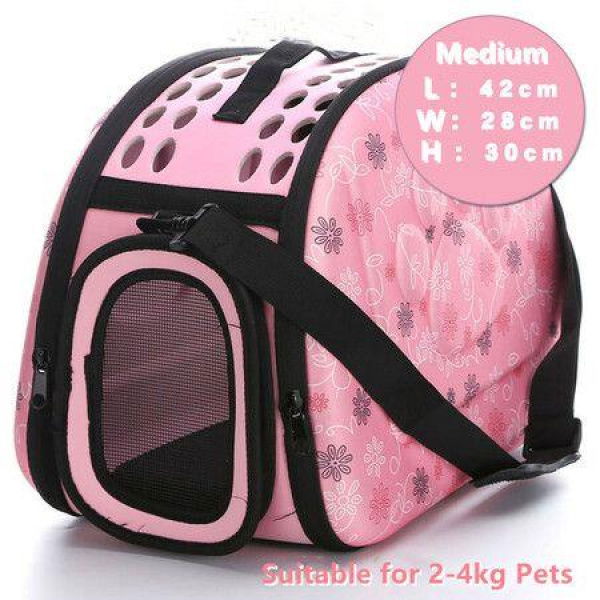 Foldable Pet Dog Carrier Cage Collapsible Travel Kennel Outdoor Shoulder Bag For Puppy Dog Cat (M Pink)
