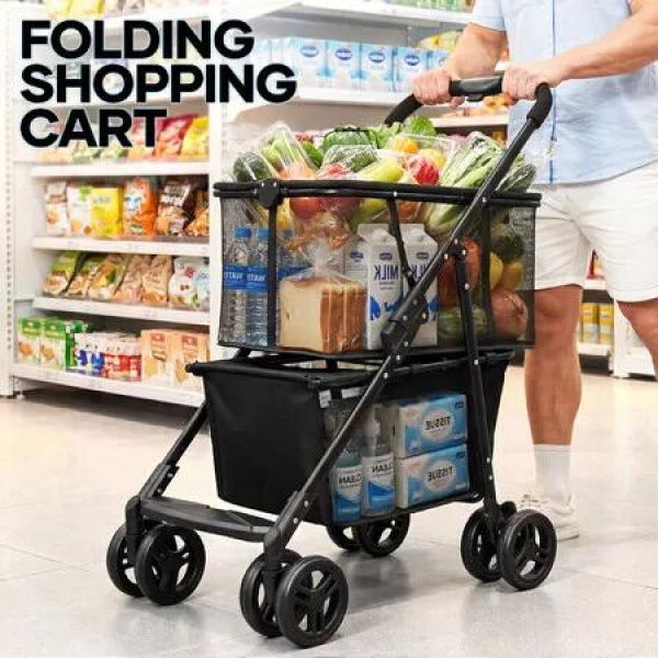 Foldable Shopping Cart Trolley Mobile Personal Collapsible Grocery Utility Tote Bag Basket Portable Folding Rolling Travel Granny Market Wheels 2 Tier