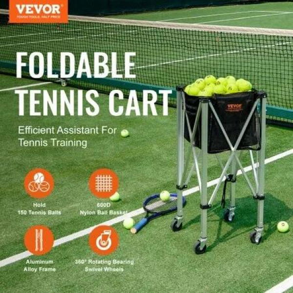 Foldable Tennis Ball Hopper Holds 150 Tennis Balls Lightweight Aluminum Alloy Tennis Ball Basket Cart with Wheels Removable Bag Carry Bag Portable Sports