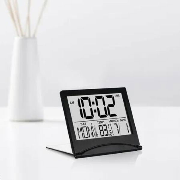 Foldable Travel Alarm Clock: LCD Clock with Calendar, Temperature, and Snooze for All Ages (Black)