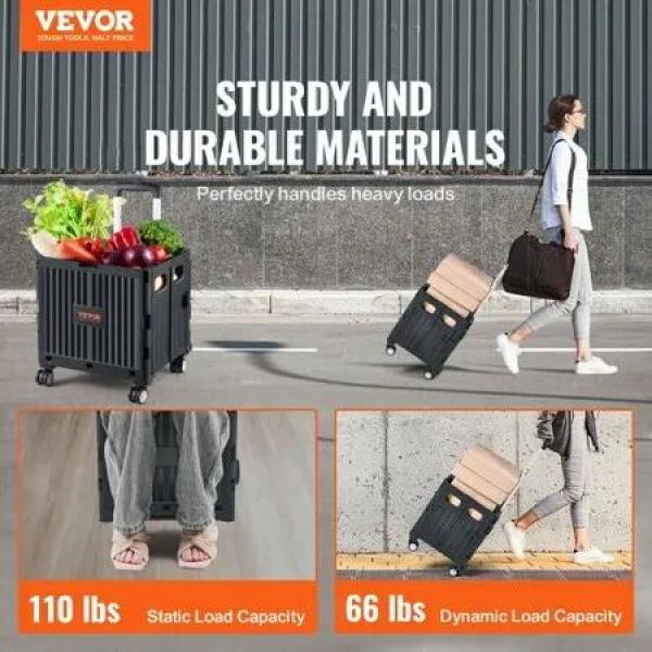 Foldable Utility Cart 50 kg Load Capacity Folding Portable Rolling Crate Handcart with Heavy Duty Telescoping Handle and 4 Rotate Wheels