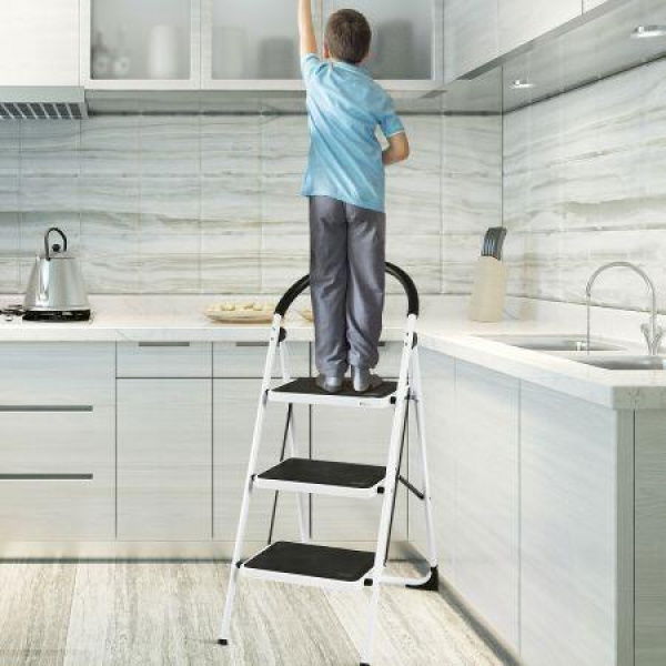 Folding 3-Step Iron Stepladder With Platform & Handrail.