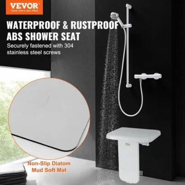 Folding ABS Shower Seat 15.7'' x 16.7'' Unfolded Wall Mounted Fold Up Shower Bench with 440 lbs Load Capacity Space Saving Fold Down Shower Chair