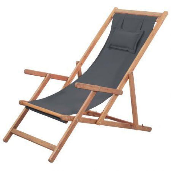 Folding Beach Chair Fabric And Wooden Frame Grey