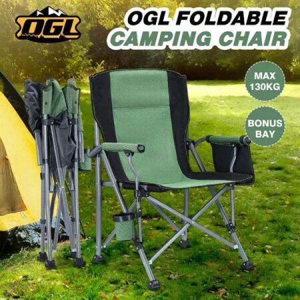 Folding Camping Chair Outdoor Camp Beach Picnic Hiking Fishing Seat Patio Lawn Seating Furniture Portable Lightweight with Armrests Cup Holder Green