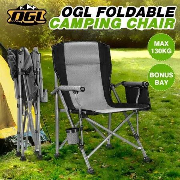 Folding Camping Chair Picnic Hiking Outdoor Beach Fishing Seat Lawn Patio Seating Furniture Portable Lightweight with Armrests Cup Holder Grey