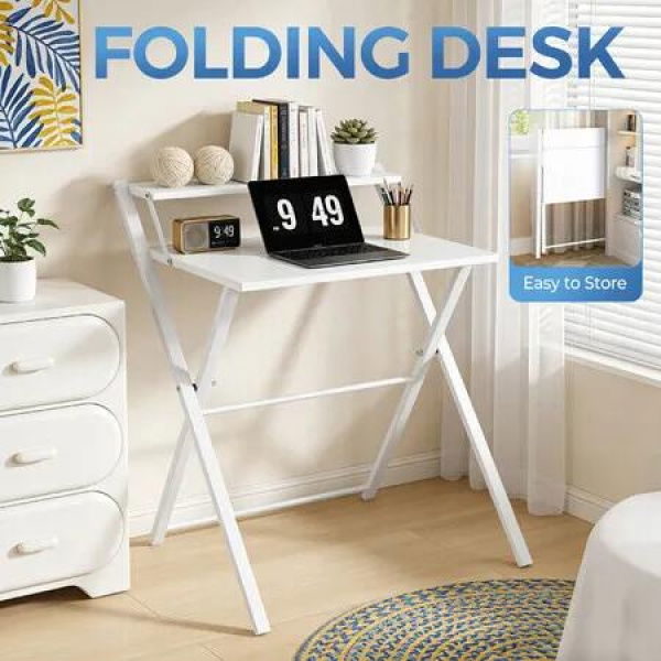 Folding Desk Table Collapsible Foldaway Computer Workstation Portable Home Office Study Foldable Space Saving Coffee Laptop Corner Storage Shelf White