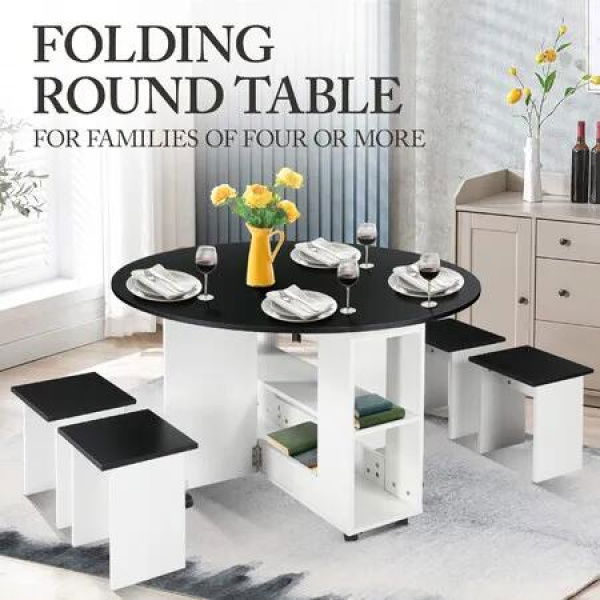 Folding Dining Table 4 Chairs Set Round Wooden Dinner Room Desk Kitchen Kids Furniture Indoor Outdoor with Wheels