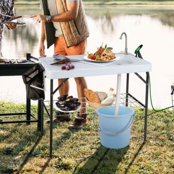 Folding Fish Cleaning Table With Grid Rack & Faucet & Spray Nozzle.