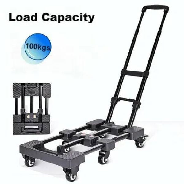 Folding Hand Truck, 100kgs Heavy Duty Luggage Cart, Utility Dolly Platform Cart with 6 Wheels & 2 Elastic Ropes for Luggage,Shopping, Office Use,Black