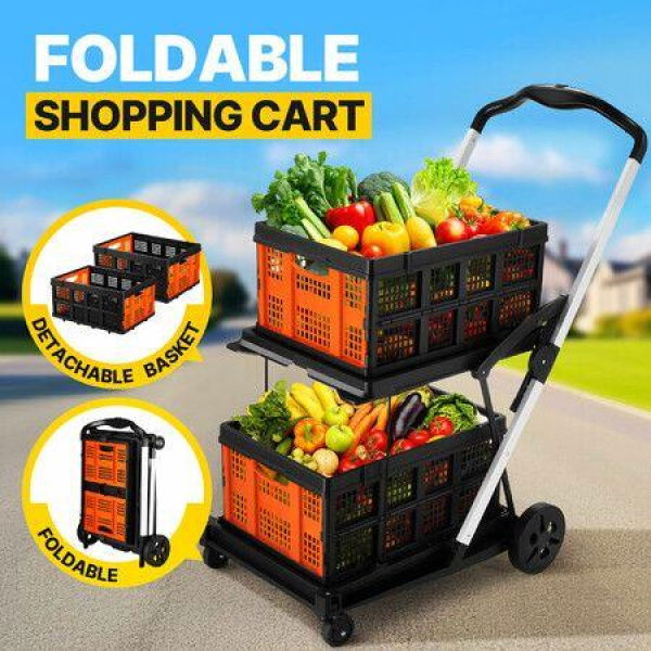 Folding Hand Truck Dolly Luggage Utility Cart Shopping Trolley Collapsible Foldable 2 Baskets Moving Grocery Office Gym Tennis Ball Camping 4 Wheels