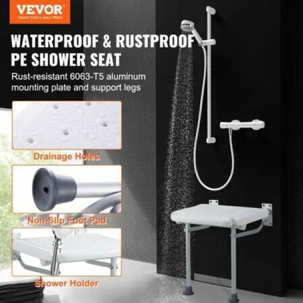 Folding PE Shower Seat 15.7'' x 14.8'' Unfolded Wall Mounted Fold Up Shower Bench with 500 lbs Load Capacity Space Saving Fold Down Shower Chair