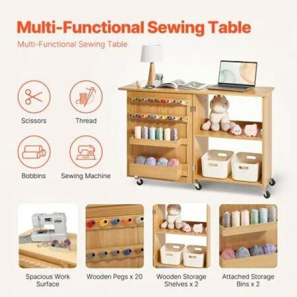 Folding Sewing Table with Lockable Wheels Shelves Trays Door Wood Color