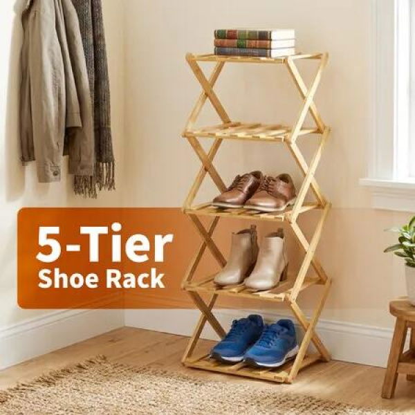 Folding Shoe Rack Storage Shelf Collapsible Organiser Bamboo Vertical Slim Narrow Display Stand Wood Entryway Closet Bedroom Corner Space Saver 5 Tier