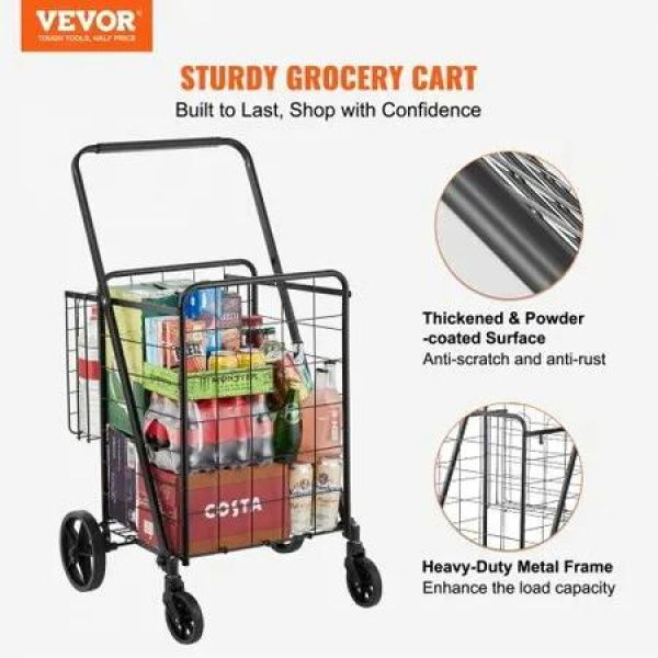 Folding Shopping Cart Jumbo Grocery Cart with Double Baskets 360 degree Swivel Wheels Heavy Duty Utility Cart 50 kg Large Capacity Utility Cart