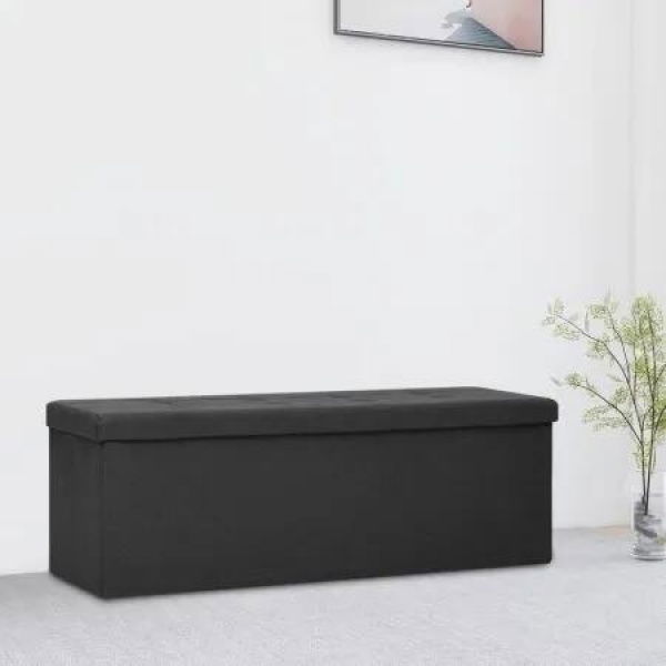 Folding Storage Bench Black Faux Linen