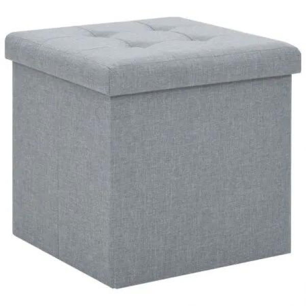 Folding Storage Stool Light Grey Faux Linen