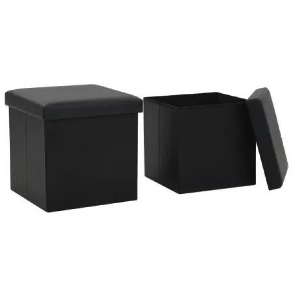 Folding Storage Stools 2 pcs Black Faux Leather