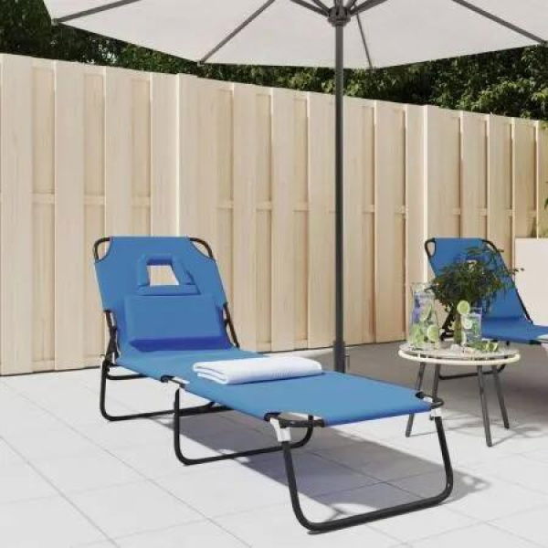 Folding Sun Lounger Blue Oxford Fabric and Powder-coated Steel