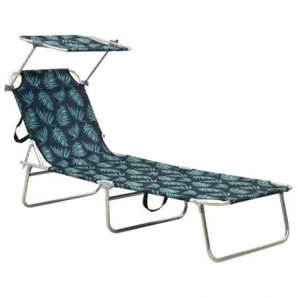 Folding Sun Lounger with Canopy Leaf Print Aluminium