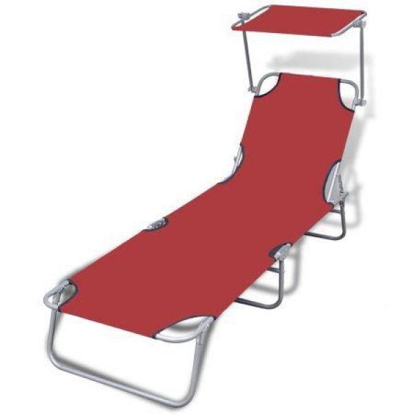 Folding Sun Lounger With Canopy Steel And Fabric Red