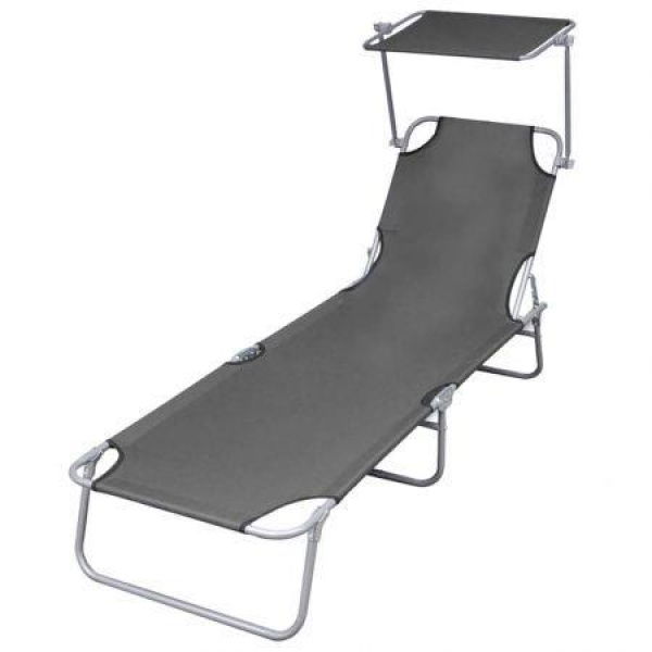 Folding Sun Lounger With Canopy Steel Grey