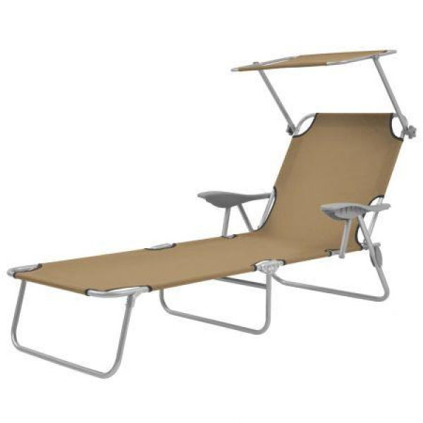 Folding Sun Lounger With Canopy Steel Taupe