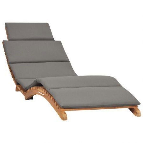 Folding Sun Lounger With Dark Grey Cushion Solid Teak Wood