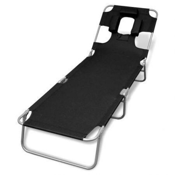 Folding Sun Lounger With Head Cushion Powder-coated Steel Black