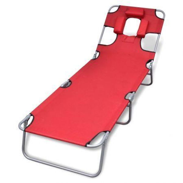 Folding Sun Lounger With Head Cushion Powder-coated Steel Red