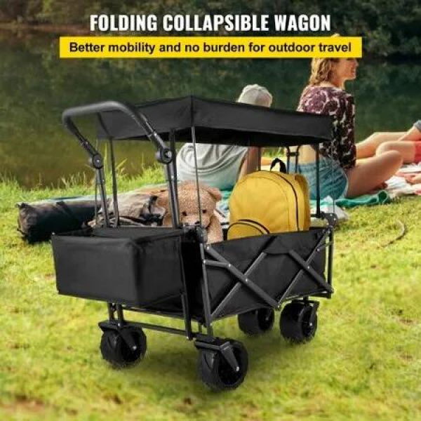 Folding Wagon Cart, Collapsible Folding Garden Cart w/ Shade Beach Utility