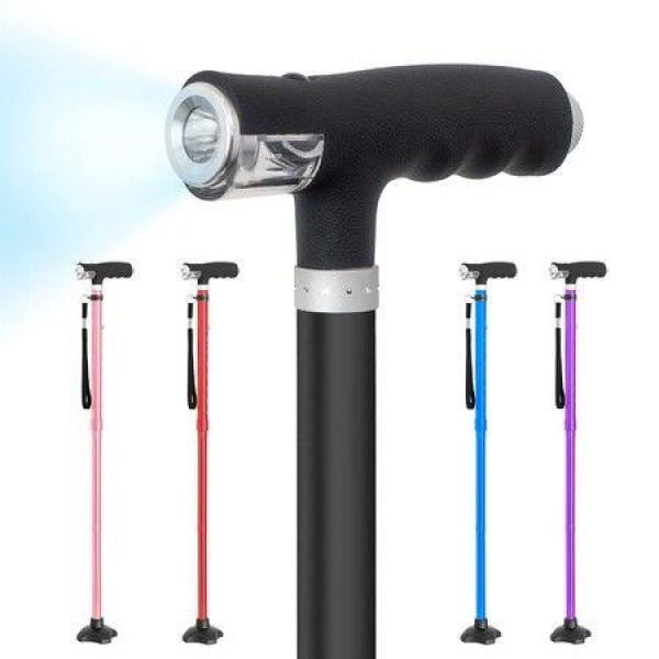 Folding Walking Cane for Men Women Lightweight Adjustable Walking Stick with LED Lights Stable Base Black