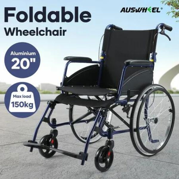 Folding Wheelchair 20 Inch Mobility Aid Equipment Elderly Disabled Medical Portable Transport Travel Rear Handbrakes