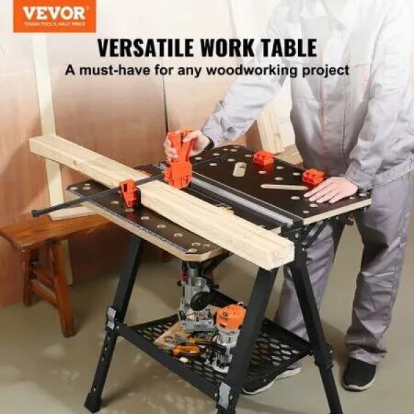 Folding Work Table 2-in-1 as Sawhorse & Workbench 454 kg Capacity 7 Adjustable Heights Steel Legs Portable Foldable Tool Stand with Wood Clamp 4 Bench Dogs