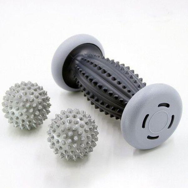 Foot Roller Massage Ball For Plantar Fasciitis Relief Myofascial Body Muscle Pain - 1 Foot Massage Roller & 2 Spiky Balls - Grey.