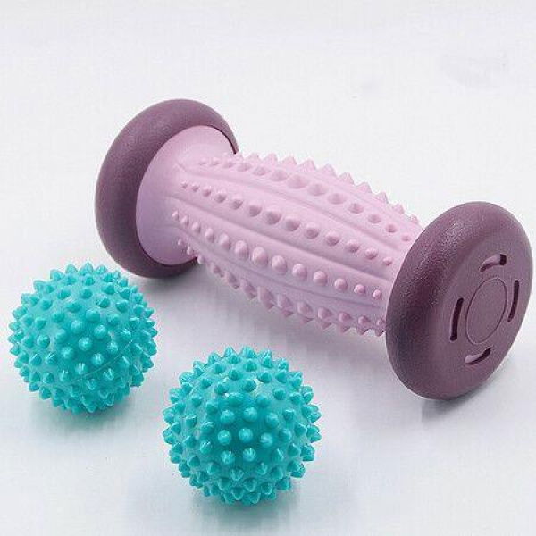 Foot Roller Massage Ball For Plantar Fasciitis Relief Myofascial Body Muscle Pain - 1 Foot Massage Roller & 2 Spiky Balls - Pink.