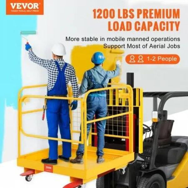 Forklift Safety Cage 544 kg Load Capacity 92 x 92 cm Folding Forklift Work Platform with Lockable Swivel Wheels Drain Hole and Device Chain Holds