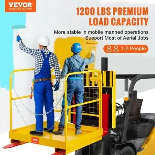 Forklift Safety Cage Forklift Man Basket 1200lbs Capacity 36'' x 36'' Foldable Forklift Work Platform for 1-2 People with Double-Chain Guardrail & Drain