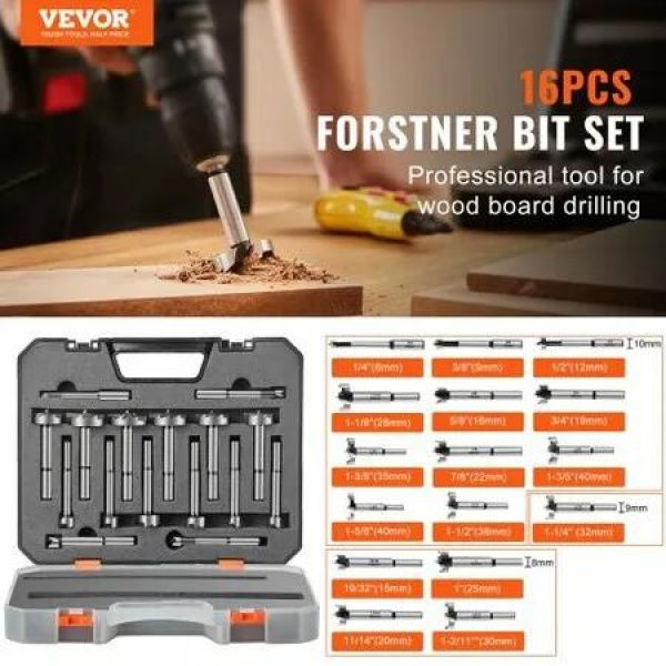 Forstner Bit Set, 16 Pcs Forstner Drill Bits Set, 1/4' to 1-5/8', Carbon Steel, with Universal Round Shank, Forstner Drill Bit for Wood and Composite Board, Forstner Bits for Woodworking