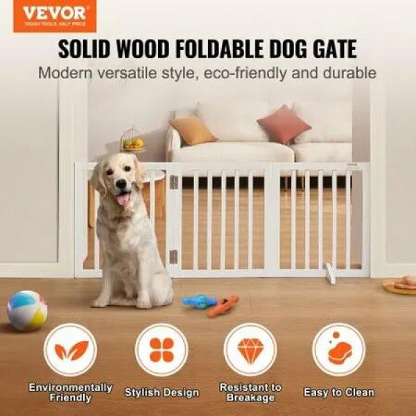 Free Standing Dog Gate, 24' H x 60' W Freestanding Pet Gate, 3 Panels Foldable Dog Gate for Wide and Narrow Passageways, Expandable Dog Barrier with Silent Foot Support for Indoor, White