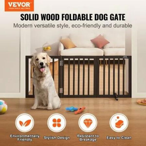 Free Standing Dog Gate 24x60 inch Freestanding Pet Gate Foldable Brown