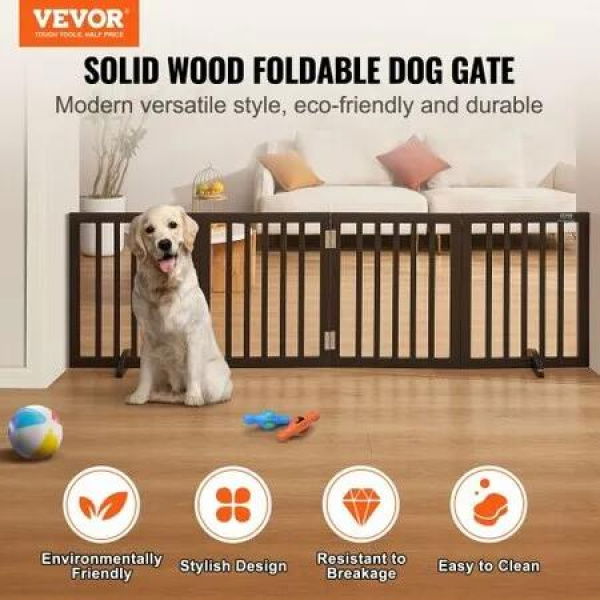 Free Standing Dog Gate 24x80.3 inch Freestanding Pet Gate Foldable Brown