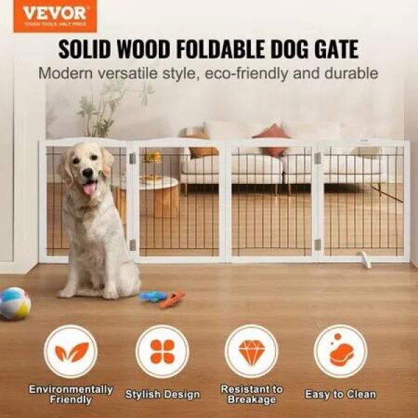 Free Standing Dog Gate, 32' H x 96.5' W Freestanding Pet Gate, 4 Panels Foldable Dog Gate for Wide and Narrow Passageways, Expandable Dog Barrier with Silent Foot Support for Indoor, White