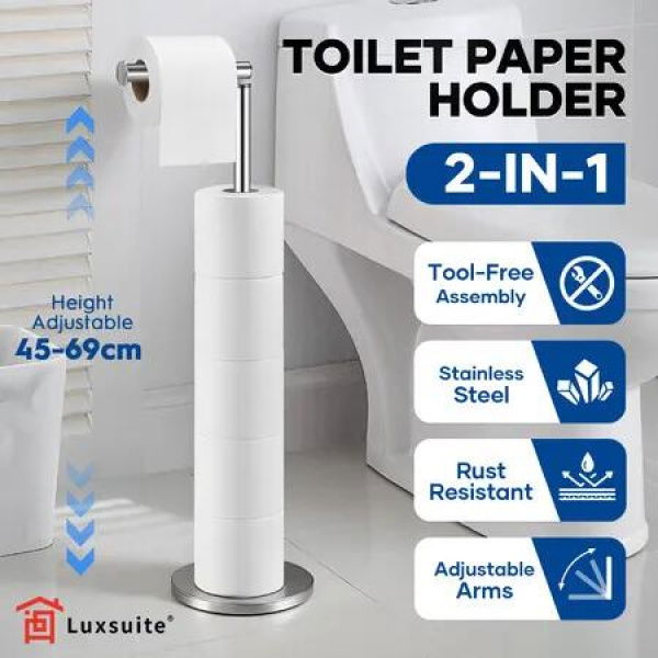 Free Standing Toilet Paper Holder Adjustable Bathroom Organiser Spare Tissue Roll Storage Reserve Floor Stand Pole Dispenser Stainless Steel Rack 69cm